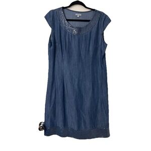 Lina Tomei Dress Sz Large  ITALY Tencel Chambray Sequin Blue Sleeveless Boho